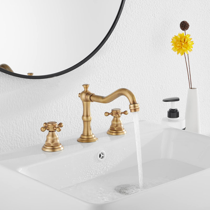 Antique Brass Widespread 2-Handle Bathroom Faucet with Drain Assembly