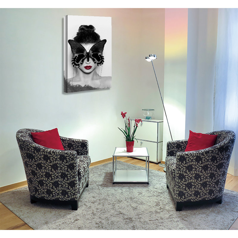 Frederikson, dame avec papillon sur toile, H 18 po x l 12 po x P 1,5 po