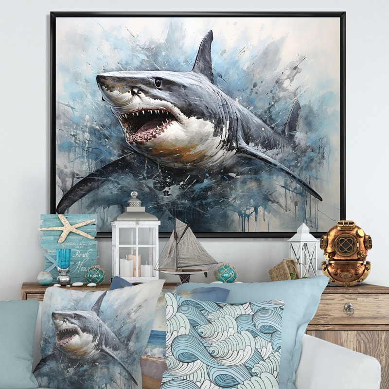 Minimalism Blue Shark Painting - Shark Wall Art, 12" H x 20" W x 1" D, Black Floater Framed