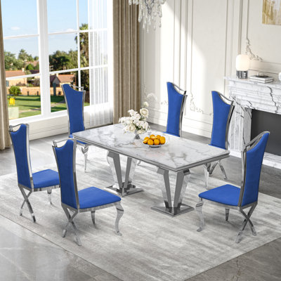 7-Piece Dining Set with Marble-Print Tabletop and Upholstered Chairs – Velvet & PU Options, Stainless Steel Legs