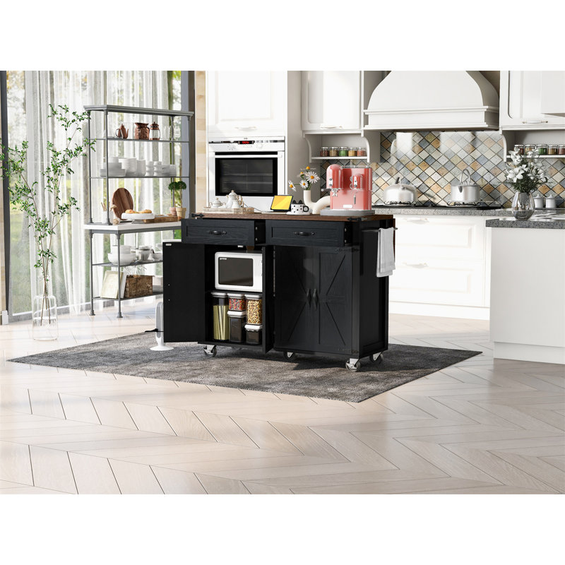 53.5''Farmhouse Kitchen Island With Power Outlet, Black