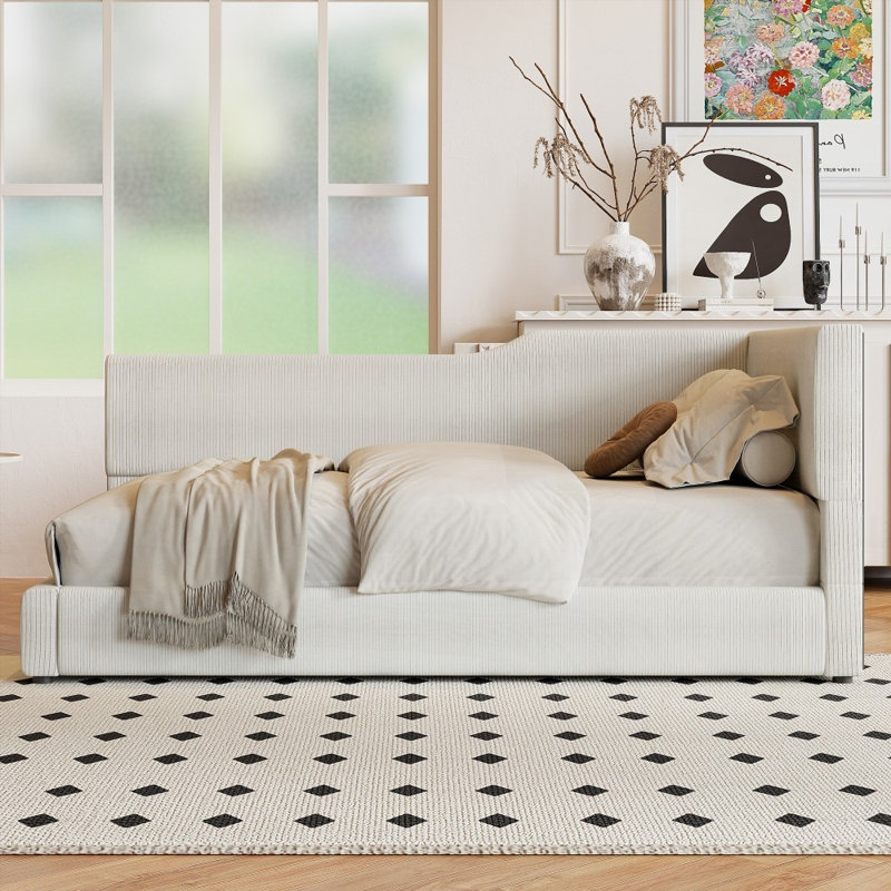 Lit de jour en velours côtelé en forme de L Huybert - Aucun sommier requis, robuste Spacieux, Beige