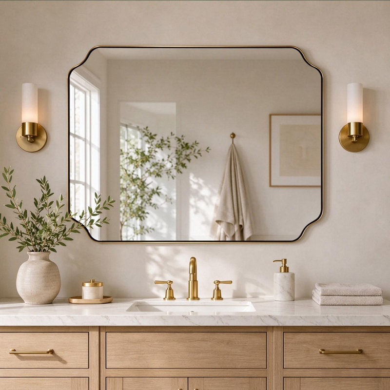 Miroir de salle de bain Modern Cadre en acier inoxydable, 40 po x 30 po, Or brossé