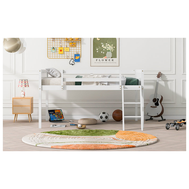 Lit mezzanine bas en bois avec échelle, Blanc / Blanc, Double