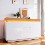 White High-Gloss Sideboard With 2 Doors And 3 Drawers,Storage With RGB LED(App-Controlled) Multi-Purpose Cabinet