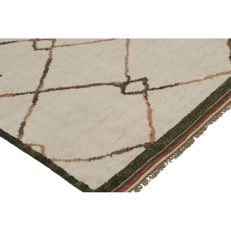 Moroccan Hand Knotted Geometric Area Rug in Brown, Green, Orange, Beige, Runner 3' x 8'