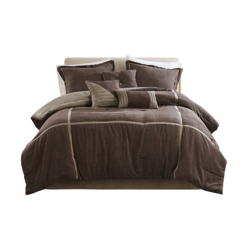 Dallas 7 Piece Micro Corduroy Comforter Set, California King Comforter + 6 Additional Pieces, Brown