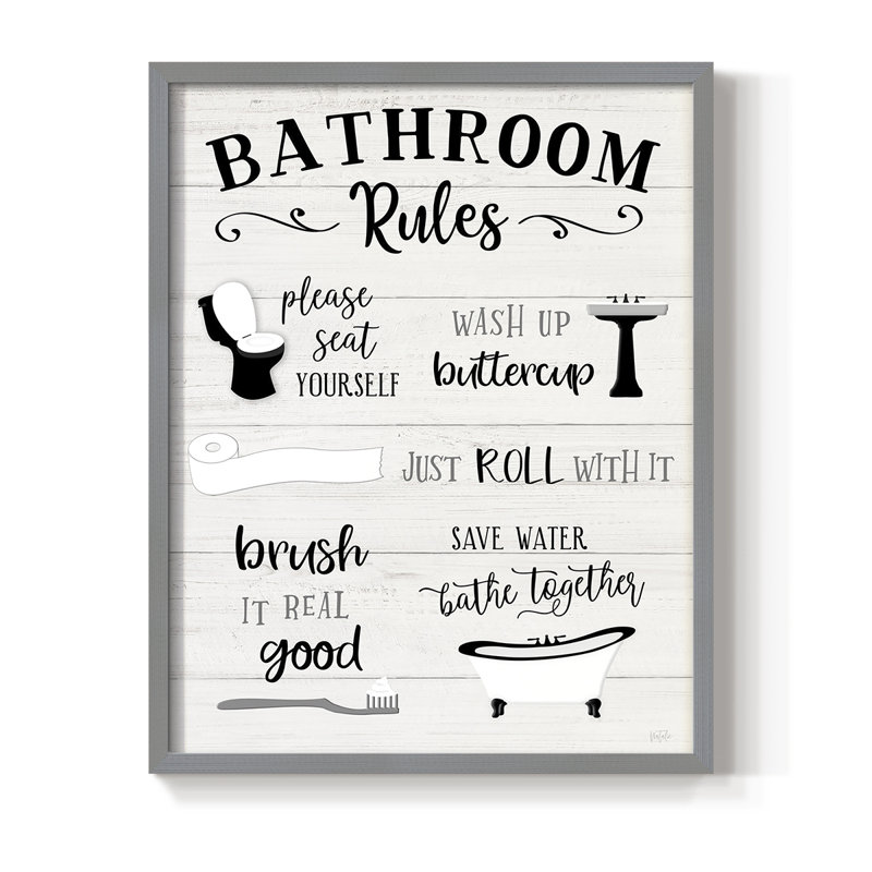 «Rules of the Bathroom», reproduction encadrée - bois massif, H 21 po x l 17 po, Gris