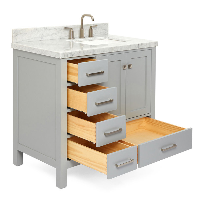 Cambridge 37'' W Single Vanity, Brushed Nickel, Carrara Marble, Gray
