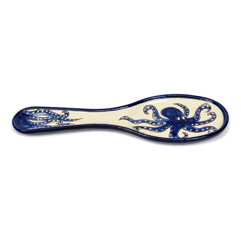 Ceramic / Porcelain Free Form Spoon Rest, White/Blue