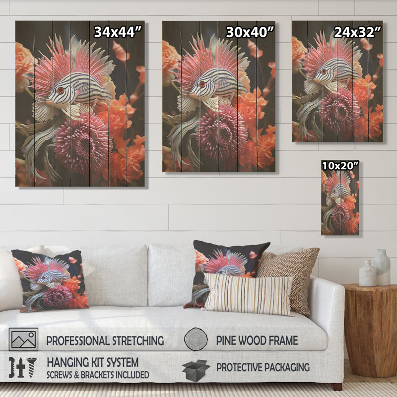 Papillon orange, corail, merveilles III - Poisson papillon sur bois, H 32 po x l 24 po