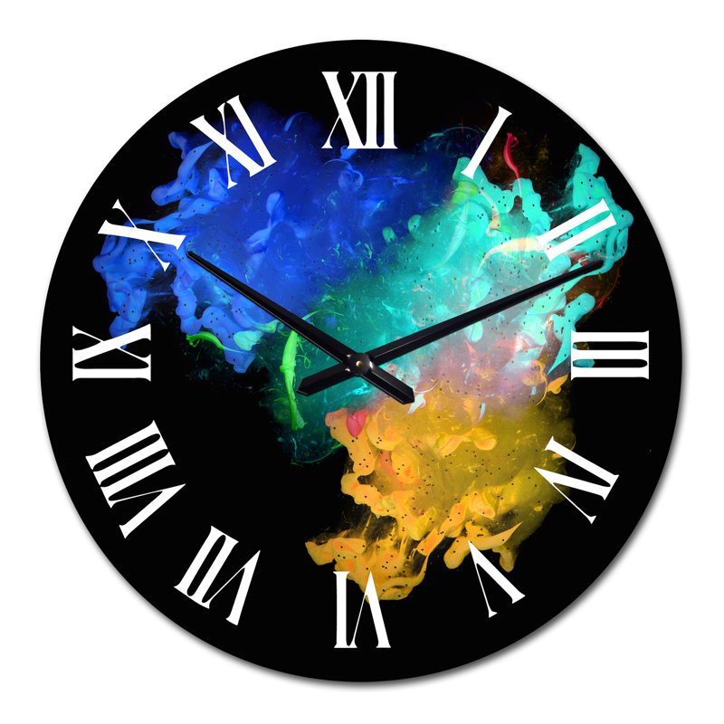 Horloge murale moderne turquoise et orange avec encre liquide bleue, Grand