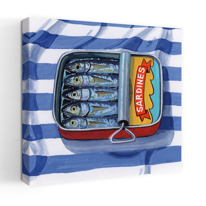 Art contemporain sardines sur toile rayée, H 18 po x l 18 po