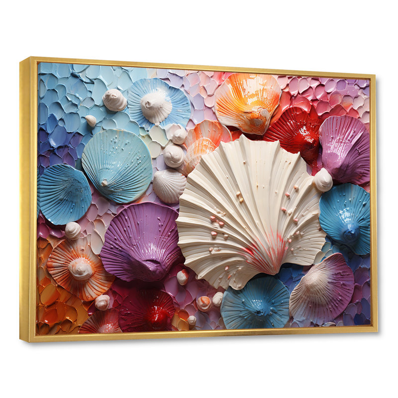 Coquillage côtier tranquillité sur toile, H 24 po x l 32 po x P 1 po, Cadre flottant doré