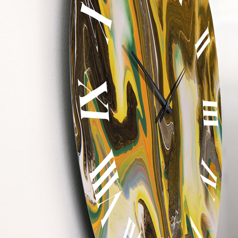 Horloge murale moderne vert jaune et marbre liquide I, Moyenne