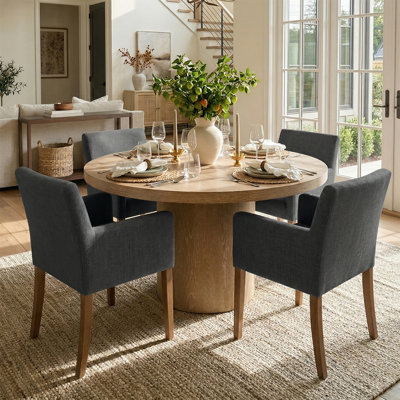 4 - Person Dining Table Sets With Solid Wood Round Table & 4 Linen Upholstered Armchairs