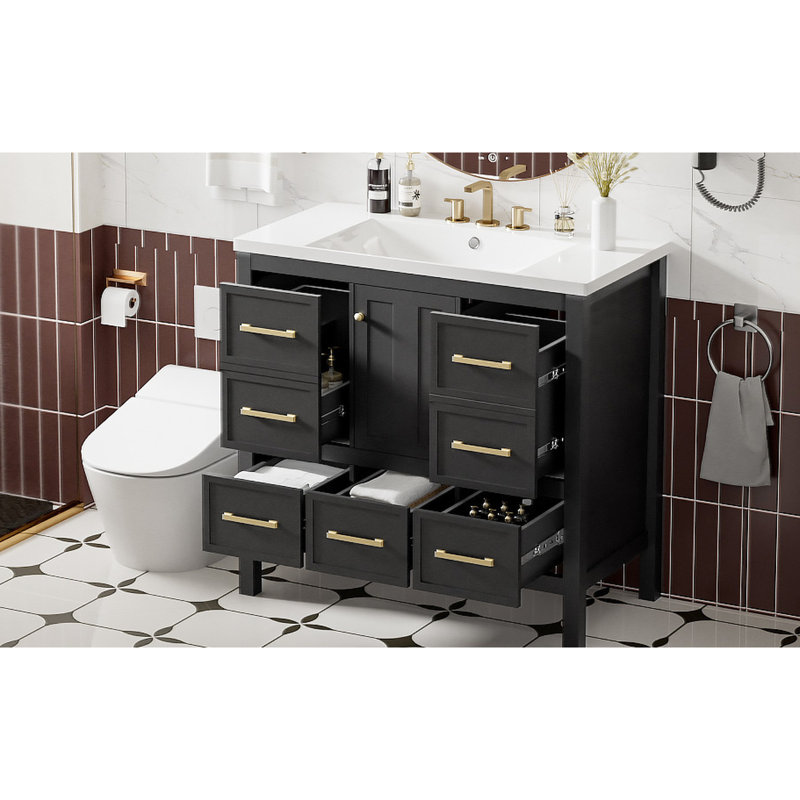 Armoire de salle de bain 36 po en résine - bois massif et portes 5 tiroirs, Noir