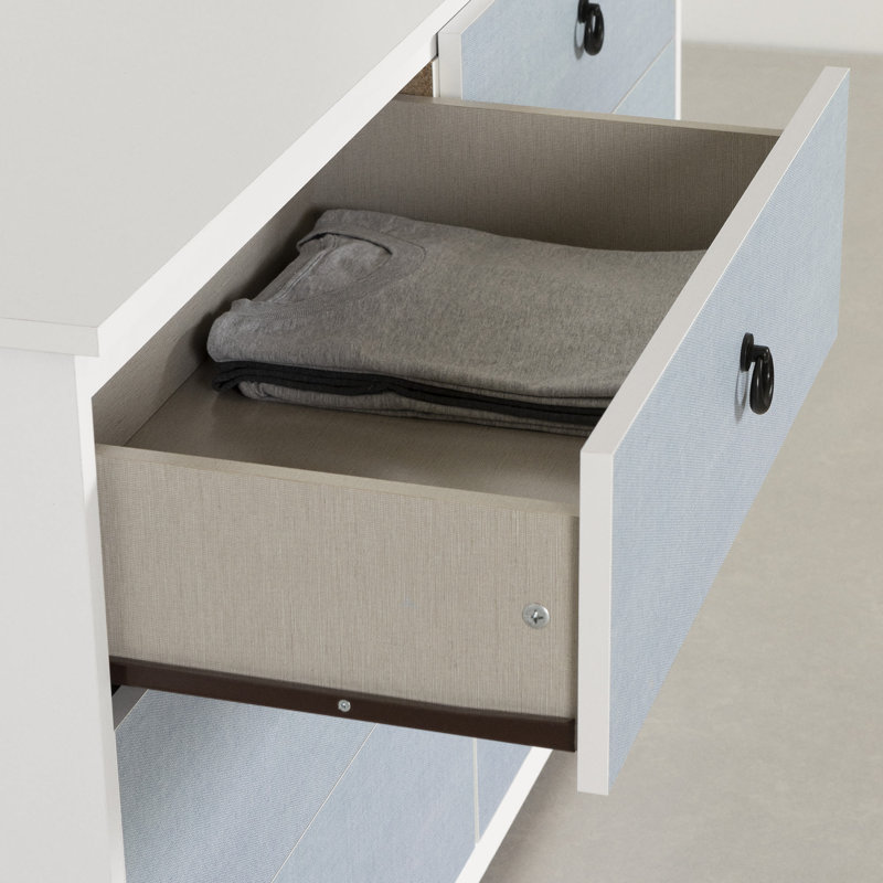 White and Blue Double 6-Drawer Dresser with Metal Handles