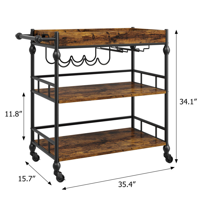 Bar Cart, 3 Tier Bar Cart With Wheels, With Wine Rack And Glasses Holder, Rustic Brown