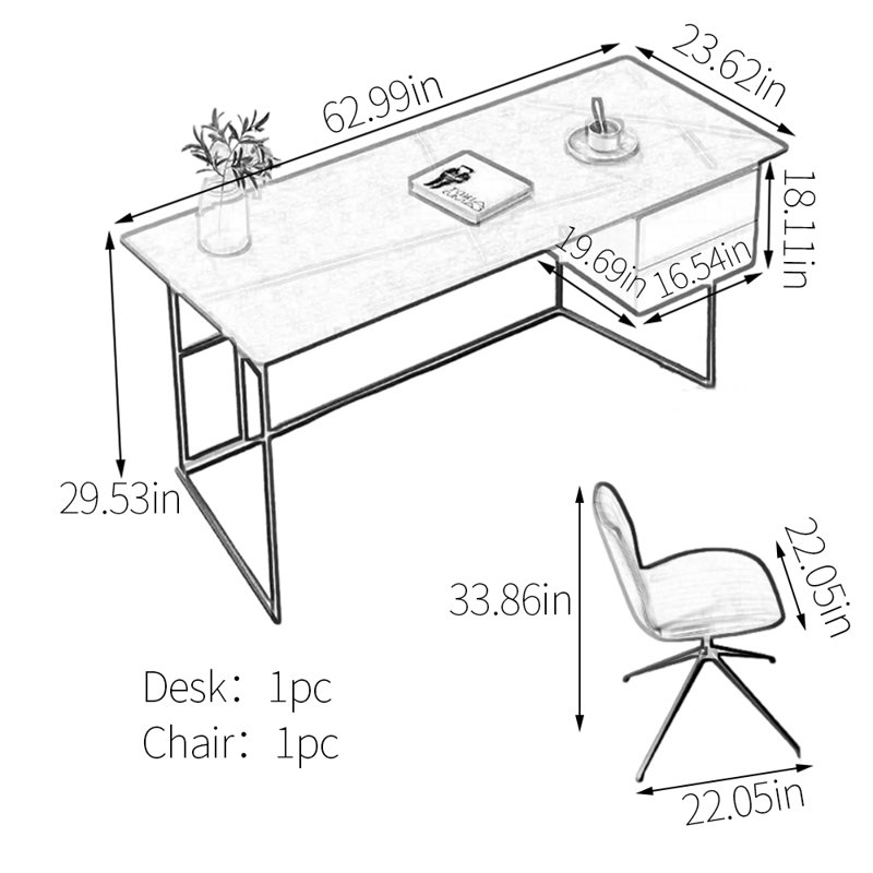 Bureau en pierre frittée de qualité supérieure, H 29,53 po x l 62,99 po x P 23,62 po