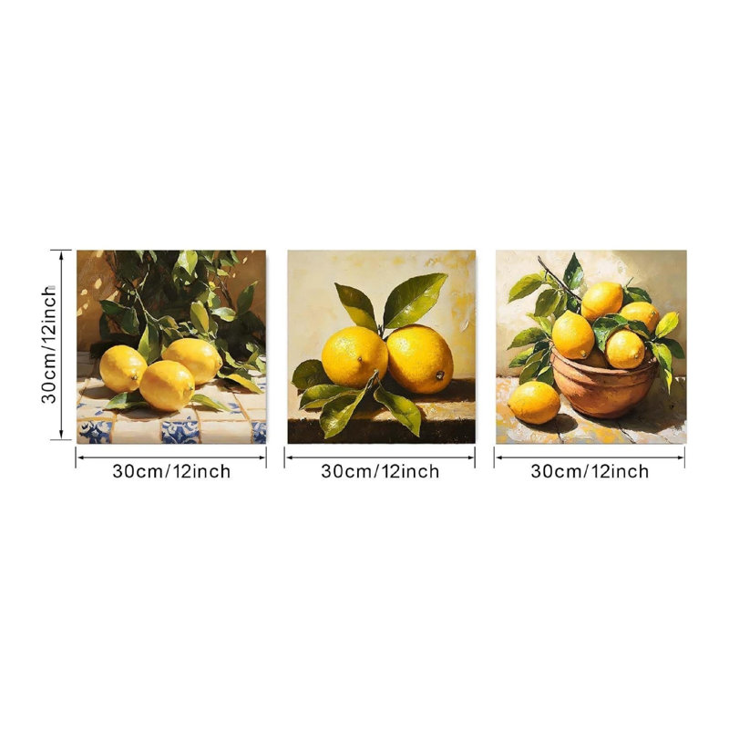 Ensemble de 3 art mural de cuisine de nature morte au citron 12 po x 12 po