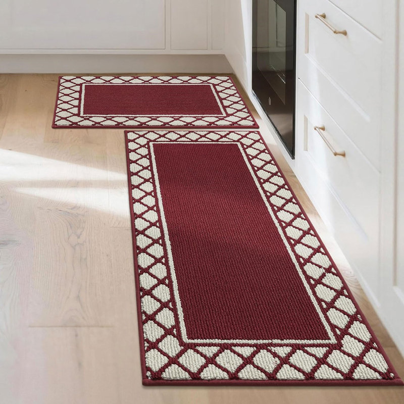 Gray Absorbent Kitchen Runner Rug Mats 2 Pieces for Kitchen, Nonslip TPR Backed Carpet Rugs, 50x76cm+50x122cm, Red