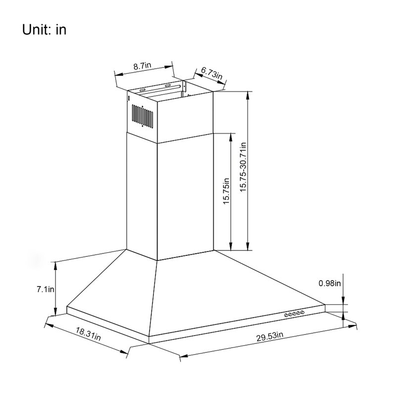 30 po Hotte intégrée à conduit 450 450 pi³ / min , Acier inoxydable