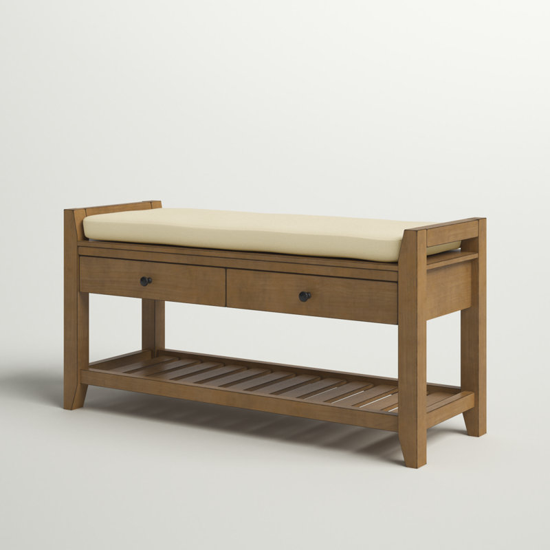 Alexandria Wood Storage Bench, Shoe Rack with Cushioned Seat and Drawers, Multipurpose Entryway Storage Bench, Old Pine