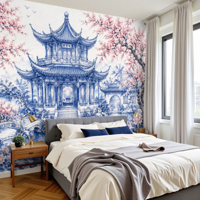 Peel and Stick Wallpaper Traditional Chinese Pavilion Garden Cherry Blossoms Koi Pond Blue Wall Murals 100"H x 144"W Removable PVC Wall Paper Self-Adhesive Wall Decor for Bedroom Home Office