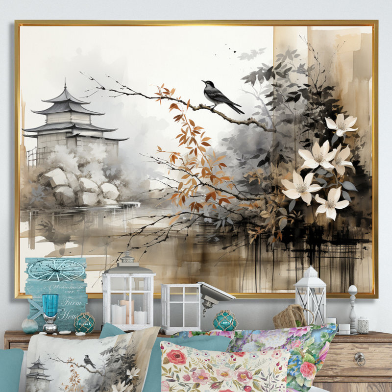 Asian Art Sumi Bird Serenity I - Art mural asiatique, Cadre flottant doré, H 24 po x l 32 po x P 1 po