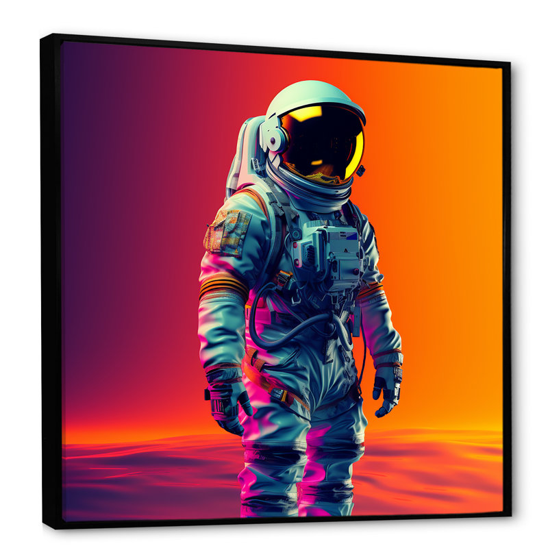 Astronaute rose orange orange à travers l'espace I - art mural, Cadre flottant noir, H 30 po x l 30 po x P 1,5 po
