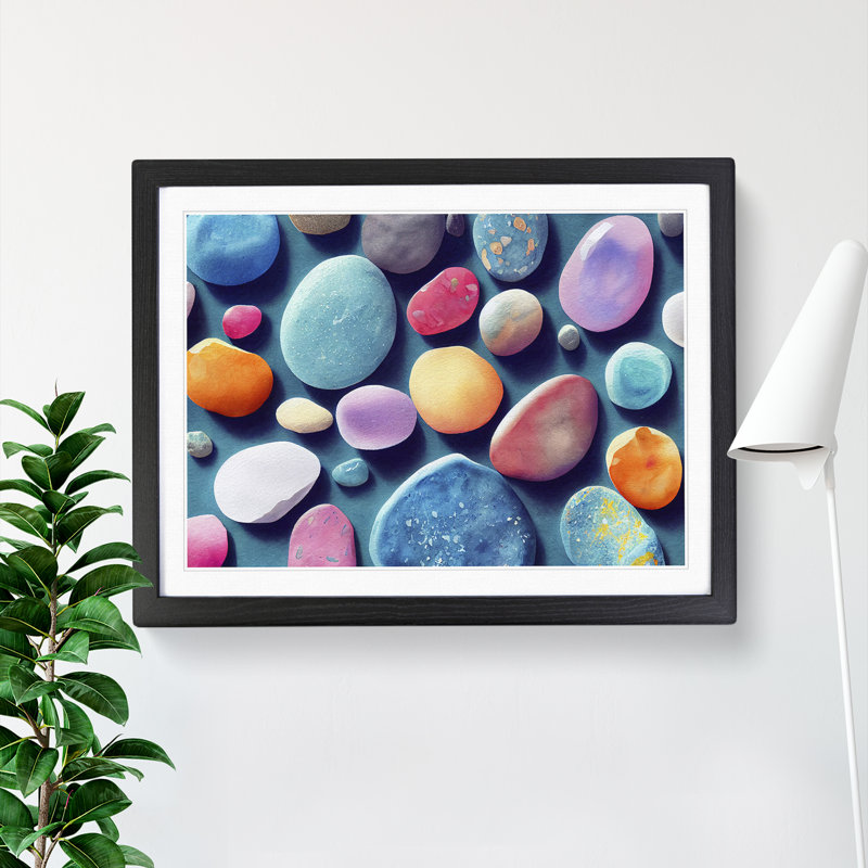 Captivating River Pebbles - Single Picture Frame Print, 46cm H x 64cm W x 2cm D, Black