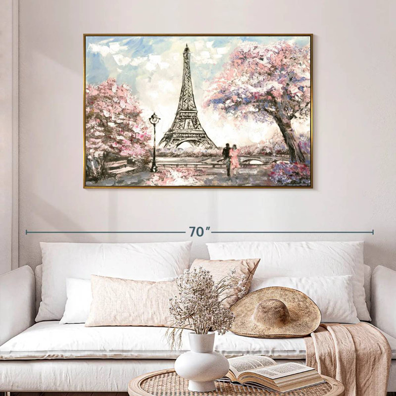 Les amoureux du printemps à Paris, 46 po x 31 po, Cadre flottant doré