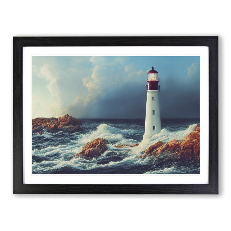 Riveting Lighthouse Seascape - Single Picture Frame Print, 34cm H x 46cm W x 2cm D, Black Framed