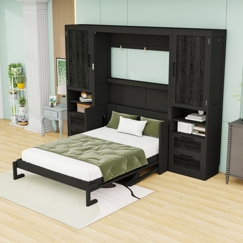 Lit escamotable en bois avec placard, tiroirs et tablettes