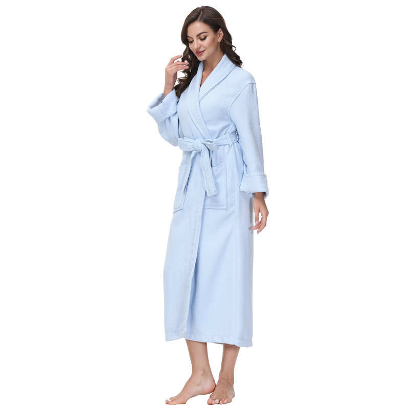 Blue Cotton Waffle Knit Ankle-Length Bathrobe