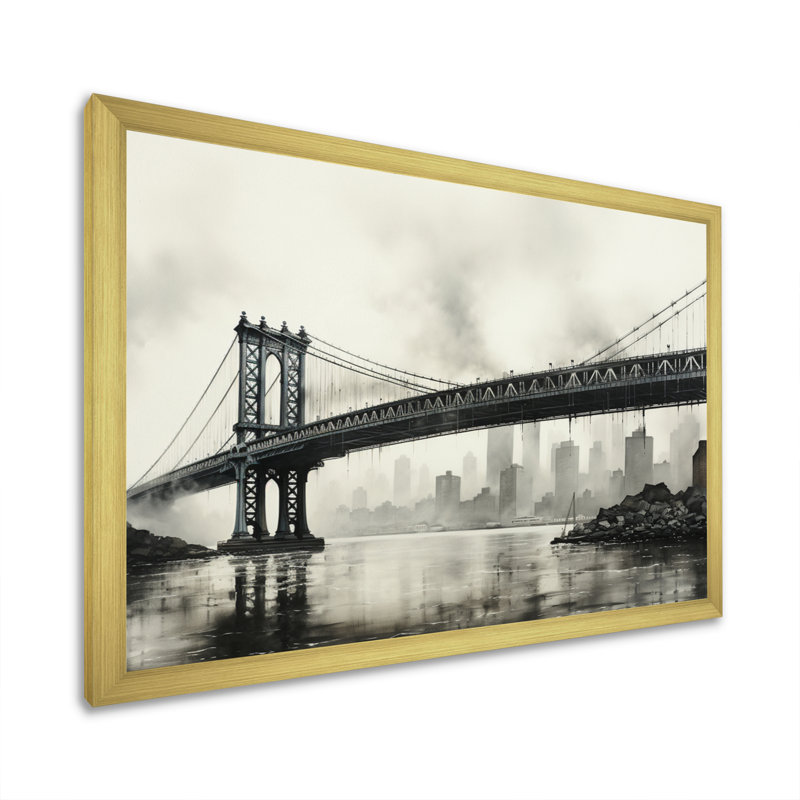 Gris pont suspendu à câble gris anthracite - Art mural sur toile, Encadrement doré, H 34 po x l 44 po x P 1,5 po