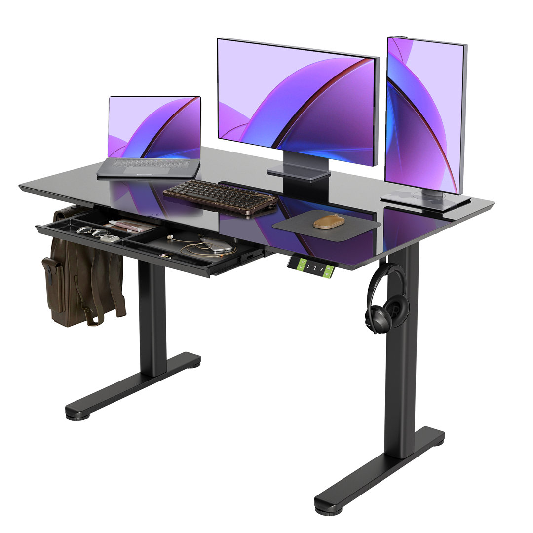 Omeed Home Office Tempered Glass Standing Desk with Drawer and Hooks Inbox Zero Color 