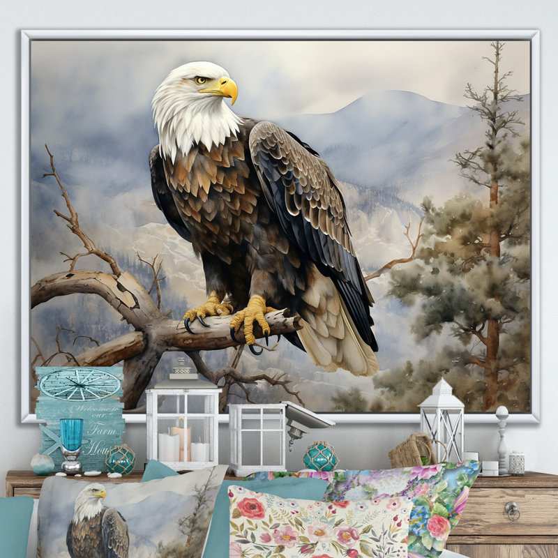 «Bold Eagle Noble Perch», reproduction sur toile Aigle, Cadre flottant blanc, H 24 po x l 32 po