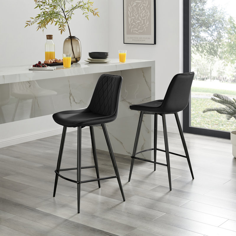 Simsbury Velvet Modern Counter Bar Stools with Tapered Metal Legs & Quilted Diamond Stitching, Black, Black
