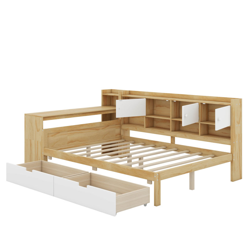 Full Wooden L-Shape Daybed With Cabinets And Two Storage Drawers, Natural/White