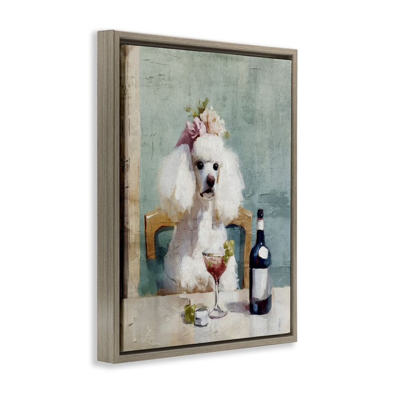 Cadre flottant caniche au déjeuner, design par Annabelle Hall, Cadre flottant orme Montalcino, H 21 po x l 17 po