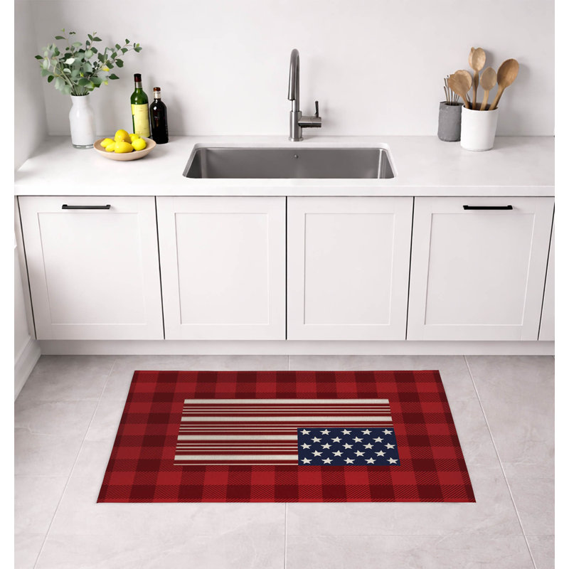 Star Spangled Banner Gingham Low Profile Kitchen Mat, Red, Rectangle 5' x 7'