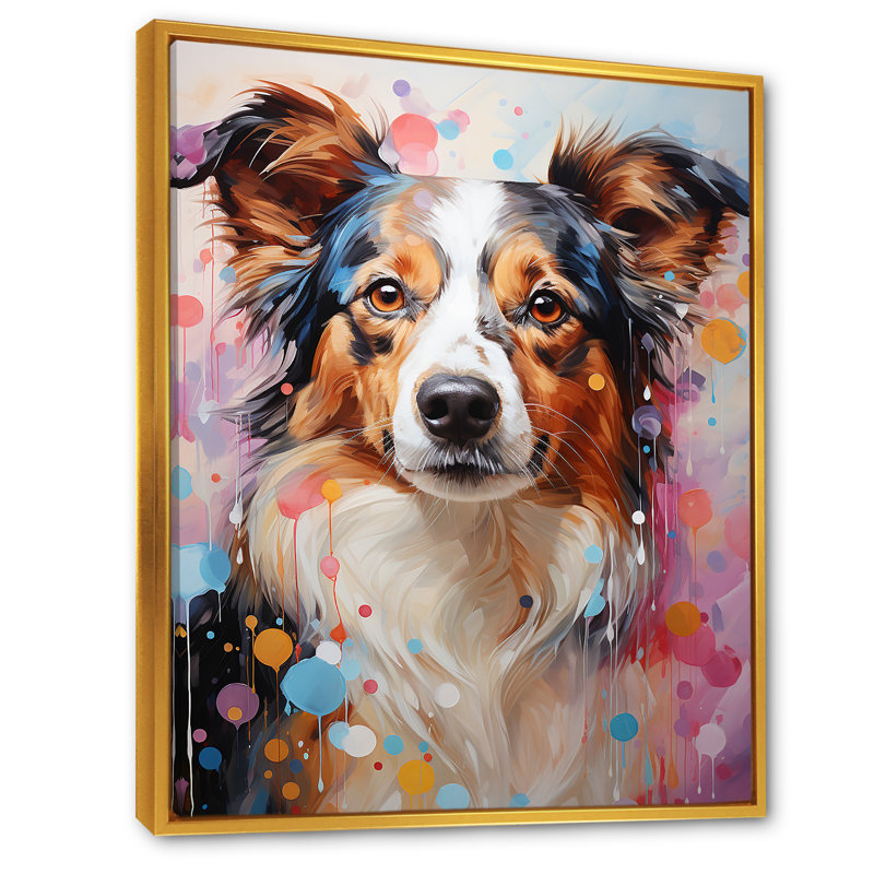 Portrait de collie ludique sur toile, Cadre flottant doré, H 20 po x l 12 po x P 1 po