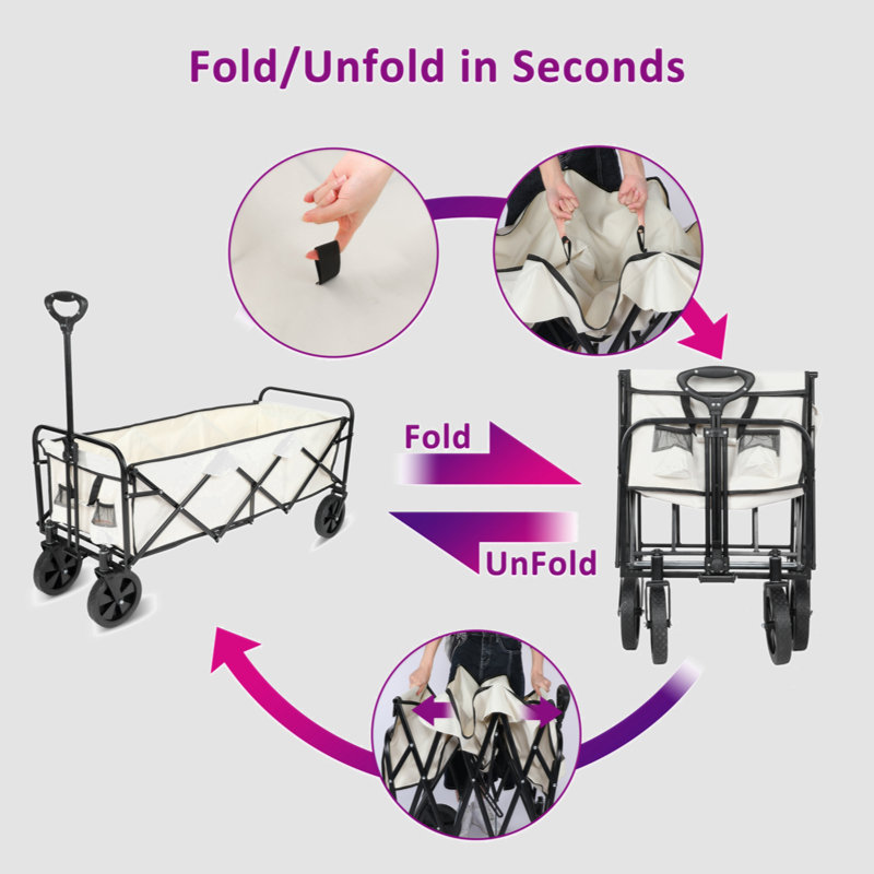 Large White Folding Utility Wagon with Anti-Slip Wheels and Adjustable Handle