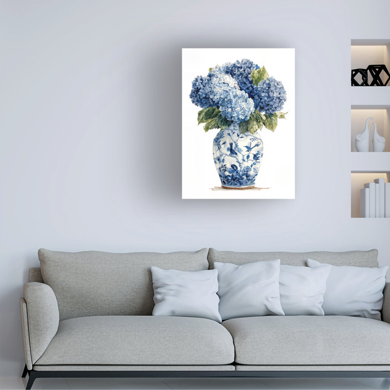 «Wraped Canvas Wall Art - Imagine It Images», Hortensias bleus dans un vase chinois 1, art mural pour salon, chambre à coucher ou bureau - 18 x 24