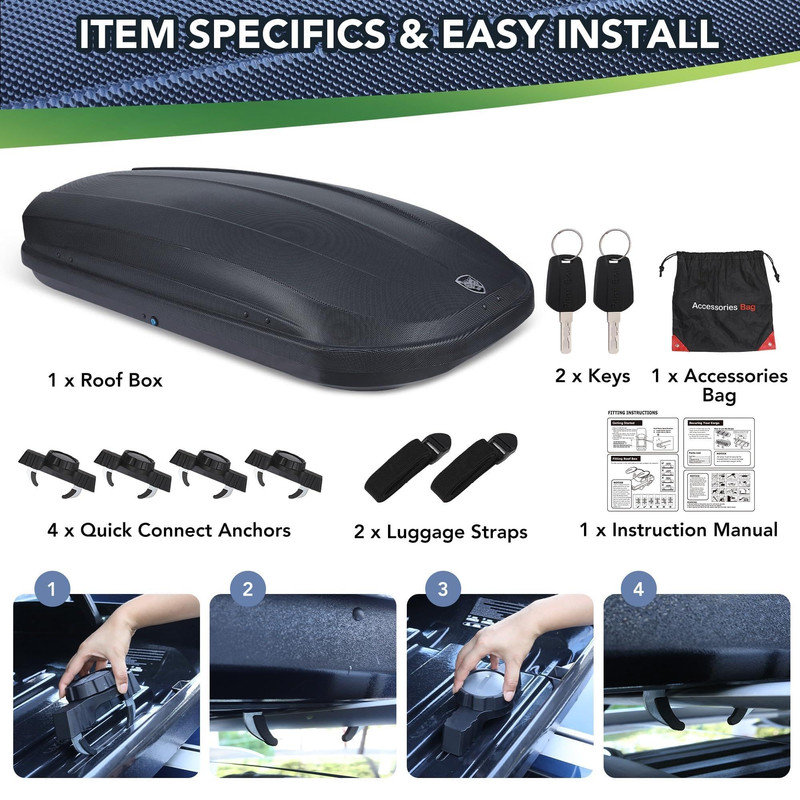 12 Cubic Feet Cargo Box - Dual Side Opening ABS Hard Shell Roof Mounted Carrier, Lockable with 135 LBS Load Capacity