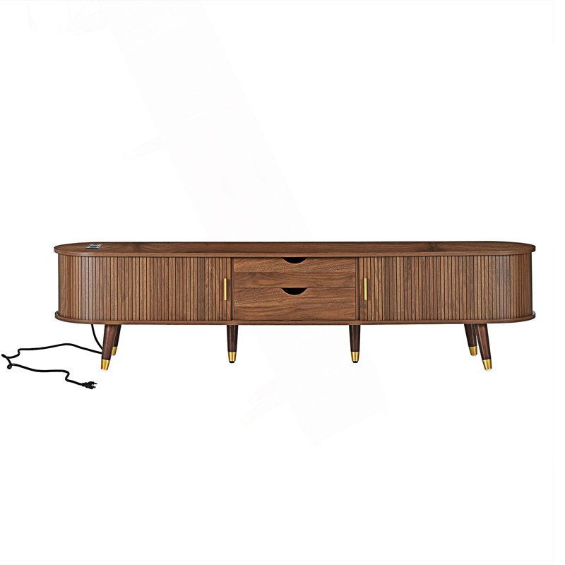 Meuble télé ovale cannelé avec station de charge, console média Mid-Century avec porte tambour coulissante, console de télévision