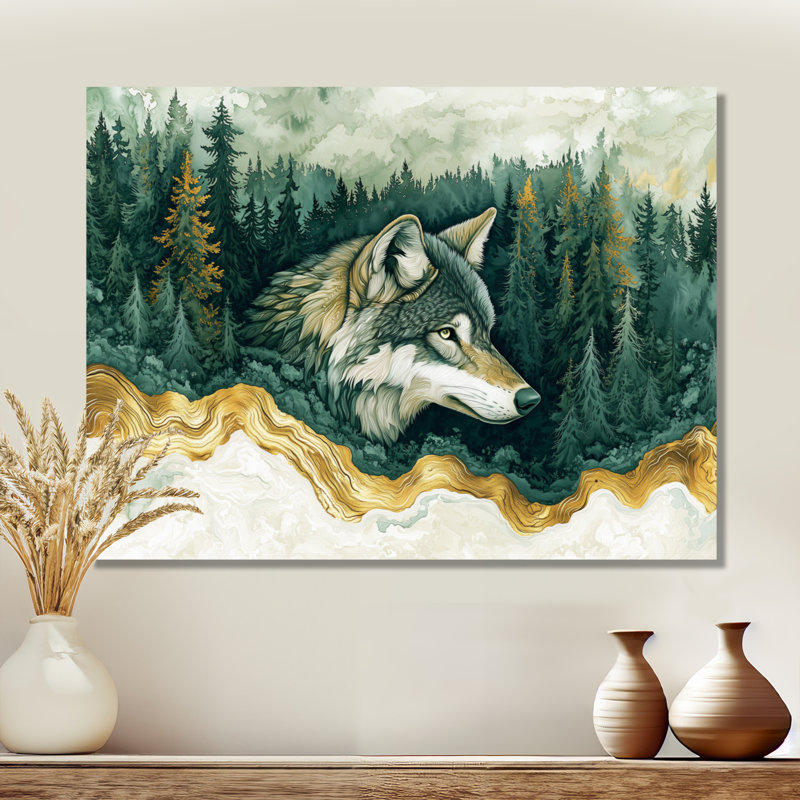 Loup en hiver, forêt, rivière à encre I - loup, art mural, H 30 po x l 40 po, Toile tendue, Ne s’applique pas