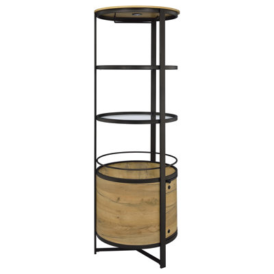 Meuble-bar rond Ritter avec éclairage DEL, étagères en verre et supports à verres à pied, chêne rustique